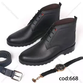 نیم بوت مشکی دکمه قرمز چرم - کد 668(Tb2)