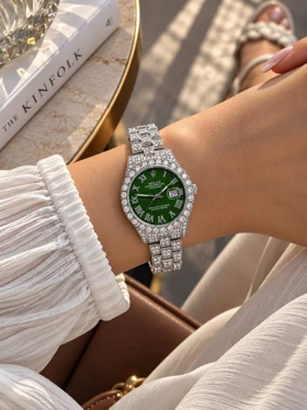 ساعت مچی زنانه رولکس فول نگین تقویم دار کد W537 (سبز)