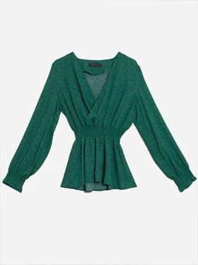 بلوز زنانه کرپ ژرژت طرح دار کش دوزی یقه هفت هشت کژوال فریما