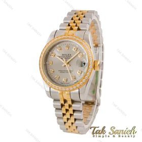 ساعت رولکس زنانه دورنگ طلایی دورنگین صفحه طوسی Rolex-4849-L