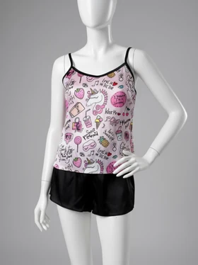 ست لباس خواب تاپ و شورتک ساتن طرح تک شاخ