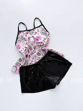 ست لباس خواب تاپ و شورتک ساتن طرح تک شاخ