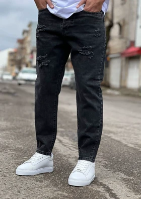 شلوار مام فیت ذغالی زاپ پاره مردانه پارچه کجراه پنبه گرماژ بالا کد 69