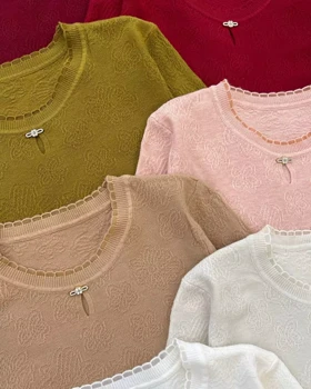 بلوز بافت آستین سه ربع یقه پاپیون کد 5297