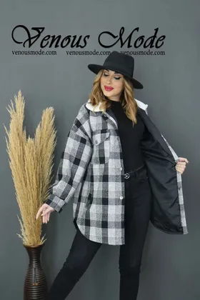 پالتو چهارخونه یقه خزدار
