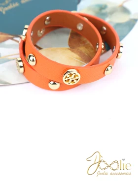 دستبند چرمی زنانه دو لاین کد B2123 (نارنجی)