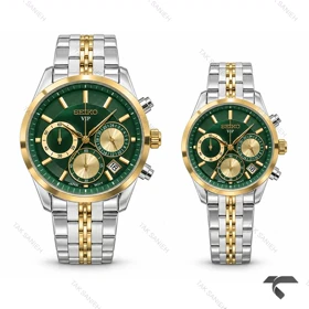 ساعت ست سیکو VIP کرنوگراف دورنگ طلایی صفحه سبز طلایی Seiko-11441-S
