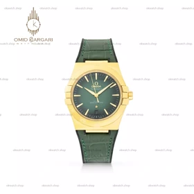 ساعت مچی امگا کانستلیشن بند سبز قاب طلایی صفحه سبز Omega Constellation