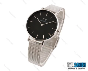 ساعت دنیل ولینگتون زنانه بندحصیری نقره ای صفحه مشکی مدیوم Daniel-2041-L