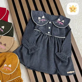 پیراهن دخترانه مخمل کبریتی مدل MEOW MEOW برند MANELY