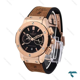 ساعت هابلوت زنانه سه موتوره رزگلد بند چرم قهوه ای صفحه مشکی Hublot-6416-L