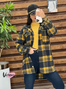 پالتو چهارخونه کلاهدار دکمه چوبی