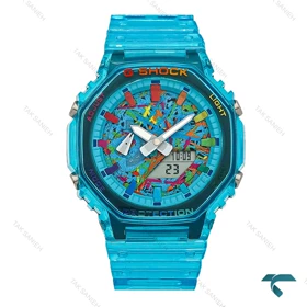 ساعت جیشاک GA2100 مردانه آبی شیشه ای صفحه آبرنگ GShock-8382-G