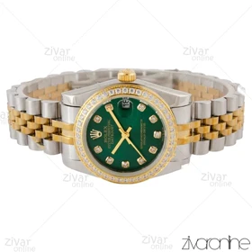 ساعت رولکس دیت جاست زنانه دورنگ طلایی صفحه سبز دور نگین مدیوم 105303