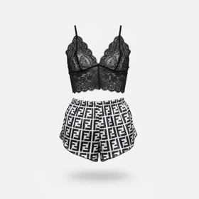 ست نیمتنه گیپور و شلوارک طرح فندی 003