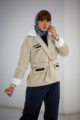 پالتو موهر یقه خز 4 جیب (کرم استخوانی)