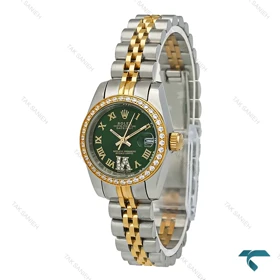 ساعت رولکس زنانه دورنگ طلایی صفحه سبز ایندکس یونانی دورنگین اسمال Rolex-7286-L