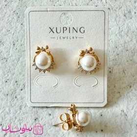 گوشواره زنانه ژوپینگ طلایی رنگ مدل پاپیون و مروارید کد 259