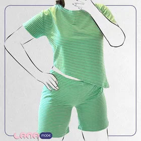 ست کراپ شرتک پنبه سوپر لاکرا گره‌ای رنگ سبز آبی راه راه