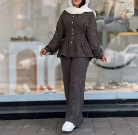 ست مانتو شلوار دبل فیس نگین‌دار