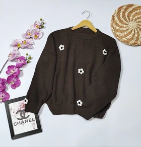 بلوز بافت گل‌دار مدل آلاله کد 40210 (قهوه ای)