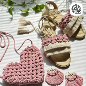 ست گوشواره و کیف و صندل مکرومه بافی زنانه مدل قلب