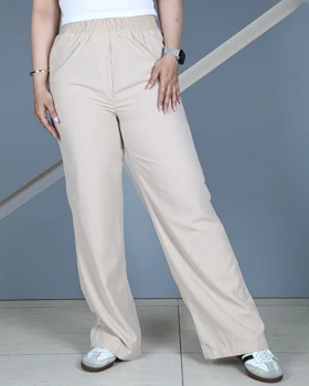شلوار لینن کرم کمرکش زنانه قد 108 سایز 36 تا 46 Linen Pants Cream کد 910500