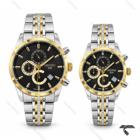 ساعت سیکو ست کرنوگراف دورنگ طلایی صفحه مشکی Seiko-11433-S