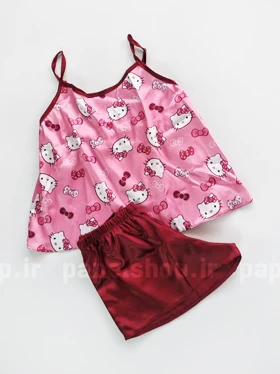 ست لباس خواب تاپ و شورتک ساتن طرح کیتی و پاپیون