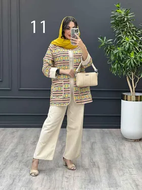 ست مانتو و شلوار طرح دار آستین پاکتی