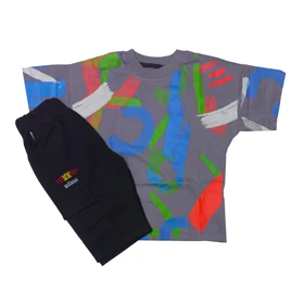 ست تیشرت آستین کوتاه و شلوارک پسرانه مدل PJ1057 رنگطوسی