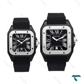 ست ساعت کارتیه سانتوس 100 مشکی سیلور بند رابر Cartier-6368-S