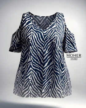 تیشرت سرشانهباز زنانه سایز بزرگ طرح زبرا آبی سفید