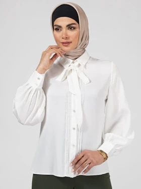 شومیز زنانه کرپ حریر یقه کرواتی نواز دوزی شده کلاسیک فرحناز