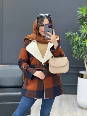 پالتو چهارخونه یقه خز