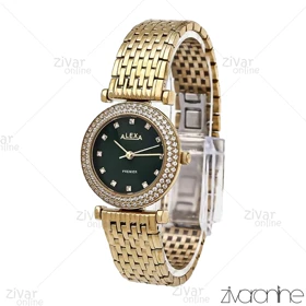 ساعت الکسا پریمیر 0105 زنانه طلایی صفحه مشکی دور نگین 106135