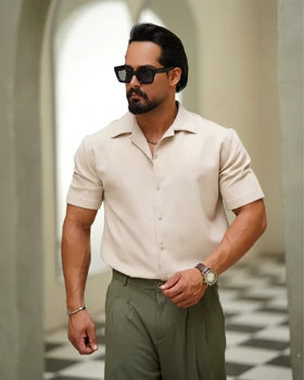 پیراهن پارچه کرپ ضد چروک آستین کوتاه (کرمی روشن)