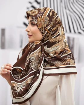 روسری ابریشم توییل (قواره 120)30271 (قهوه ای)
