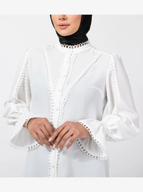 شومیز زنانه کریشه مجلسی یقه ایستاده نوار دوزی شده آستین پفی کلاسیک آذر