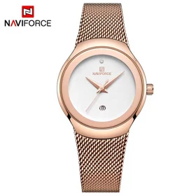 ساعت مچی زنانه نیوی فورس NF5004 رزگلد صفحه سفید بند حصیری