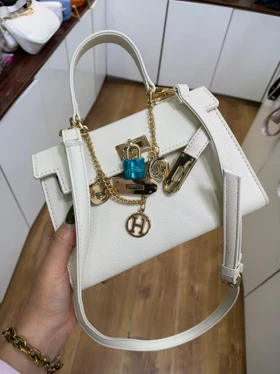 کیف دخترانه مینی هرمس زنجیردار kelly (کرم استخونی)