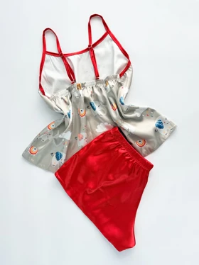 ست لباس خواب تاپ و شورتک ساتن طرح فیل