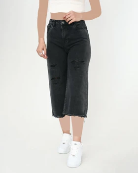 شلوار جین بگ کوتاه ذغالی زاپ‌دار