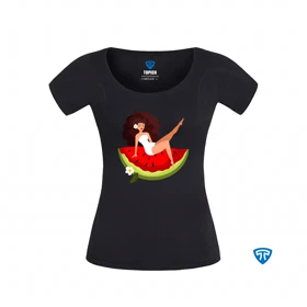 تیشرت ضدتعریق زنانه مشکی طرح دختر نشسته مو فرفری