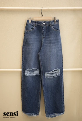 شلوار جین فول بگ زانو زاپ دمپا ریش کد1000494