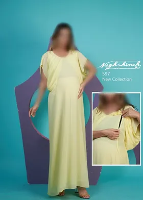 پیراهن بارداری و شیردهی بلند حریر شنل دار آستین کوتاه کد 0263