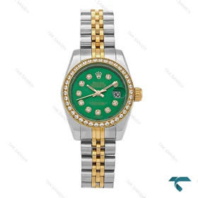 ساعت رولکس زنانه دورنگ طلایی صفحه سبز دورنگین اسمال Rolex-8252-L