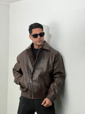 کاپشن مردانه چرم تیکه دوزی mc