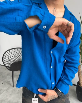 پیراهن کنفی آستین بلند ZARA رنگ آبی کاربنی