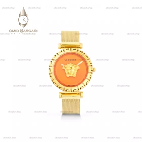 ساعت مچی ورساچه بند حصیری طلایی صفحه نارنجی Versace